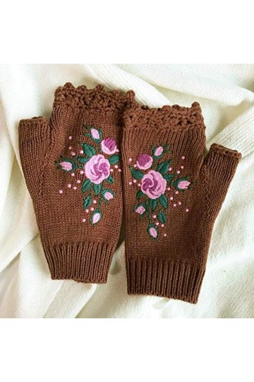 MAPPE Mittens Handmade Embroidery Gloves Autumn Winter Bee Floret Womens Warm Gloves Wool Knitted Adult Gloves,Light Brown