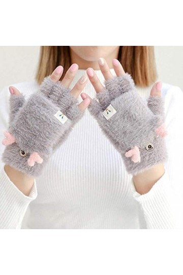 MAPPE Winter Warm Soft Rabbit&nbsp;&nbsp;Knit Mittens Women Flip Half Finger Plush Thick Cute Cartoon Cat Claw Touch Screen Driving Glo