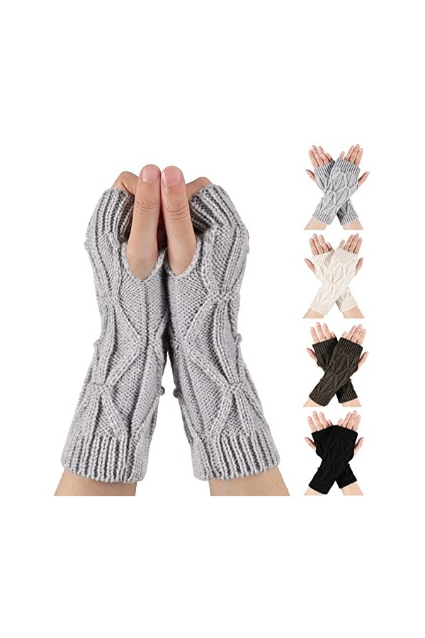 TAGVO Femme Gants sans Doigts 4 Paires, Mitaines Demi Doigts d’Hiver, Mitaines Poignet Chauffants Extensible, Gants Tricotés 