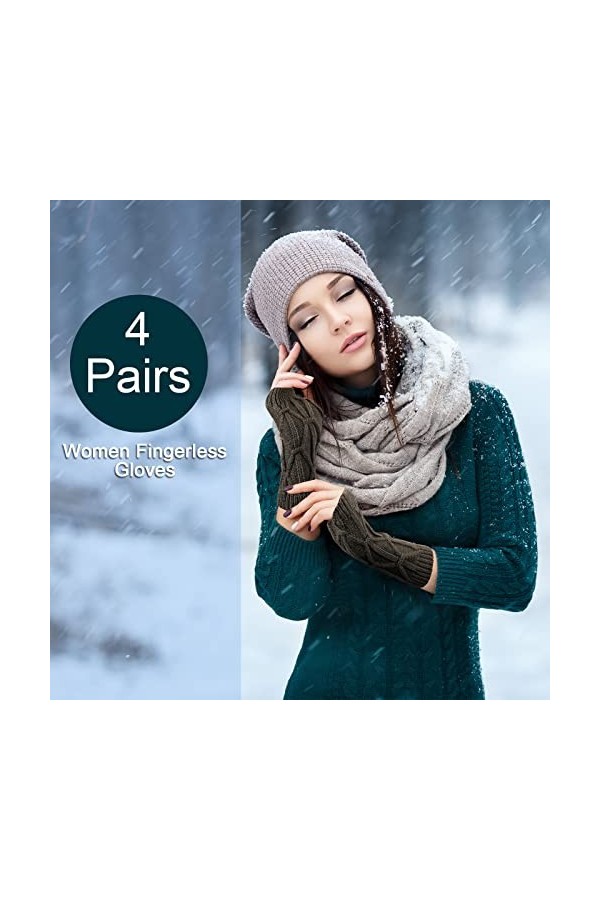 TAGVO Femme Gants sans Doigts 4 Paires, Mitaines Demi Doigts d’Hiver, Mitaines Poignet Chauffants Extensible, Gants Tricotés 