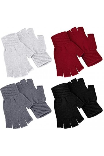 4 Paires Gants Demi-Doigts dHiver Tricotés Mitaines sans Doigts Chauds Extensibles Noir, Rouge, Blanc, Gris Foncé 