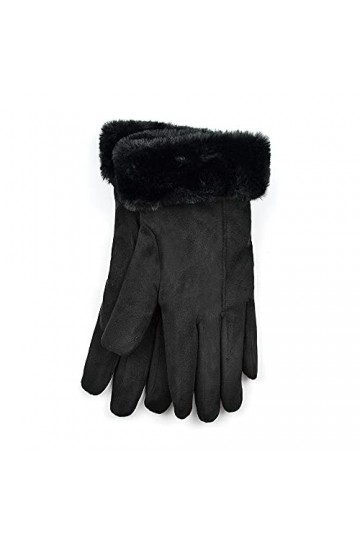 Gants dhiver en faux daim avec doublure en polaire et fausse fourrure pour femme, Noir , S/M