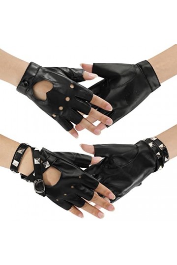 2 Paires de Gants Punk Rock En Cuir PU pour Femmes et Filles, Gants Noirs Sans Doigts Gants Gothiques à Demi-Doigts Découpés 