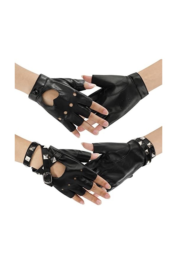 2 Paires de Gants Punk Rock En Cuir PU pour Femmes et Filles, Gants Noirs Sans Doigts Gants Gothiques à Demi-Doigts Découpés 
