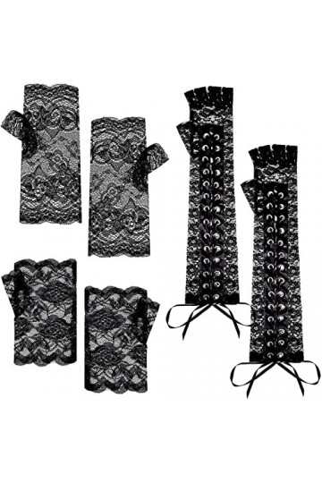 3 Paires Ensemble de Gants sans Doigts en Dentelle Gants Steampunk en Dentelle au Coude Gants de Mariée Noirs sans Doigts en 