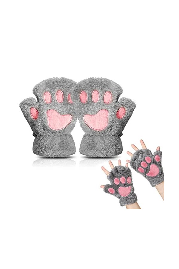 EQLEF Gant Chat Griffe, Gants Sans Doigts Mitaine Femme Patte de Chat Mignon Gants en Peluche Gants Dhiver Chauds Gant Chat 