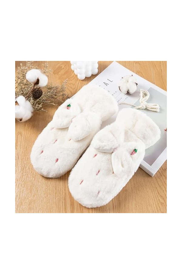GizellMG Femme Moufles Peluches Mitaine Hiver Moufle Sport Fraise et N½UD Princesse Gant peluché avec Ficelle du Cou pour Con