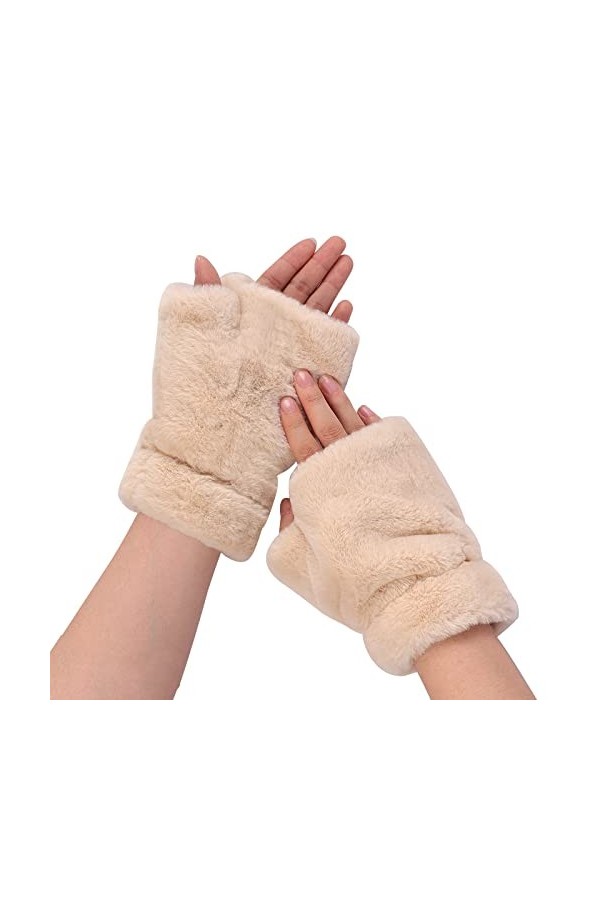 OhMill Femmes Gants Demi-Doigts Mitaine dHiver en Fourrure de Lapin Moufles Polaire Chaud en Peluche Épaisse Double Couche C