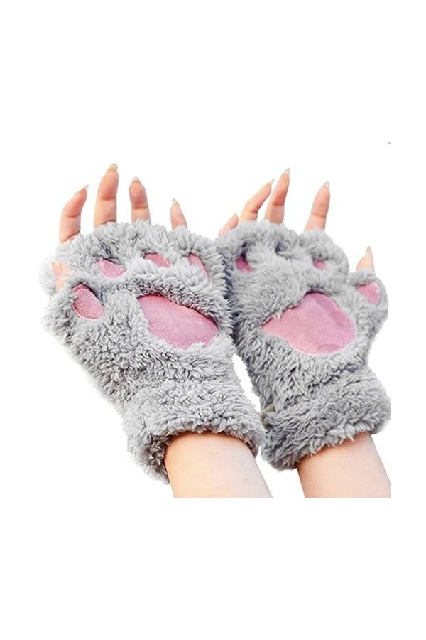 Femme Gants Mignon Mitaines Hiver Motif Patte d’Ours Adorable Gants en Peluche Chaud Joli Gants Demi-doigt Griffe de Chat Jou