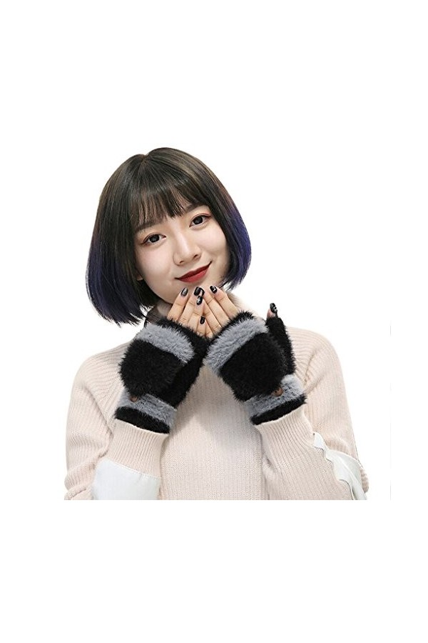 Gants Femmes Dames Moufles Couple Chaud Gants Demi-doigts en Peluche Douce Mitaines avec Couverture Thermique Epais Hiver Aut