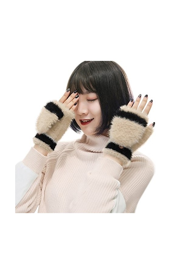 Gants Femmes Dames Moufles Couple Chaud Gants Demi-doigts en Peluche Douce Mitaines avec Couverture Thermique Epais Hiver Aut