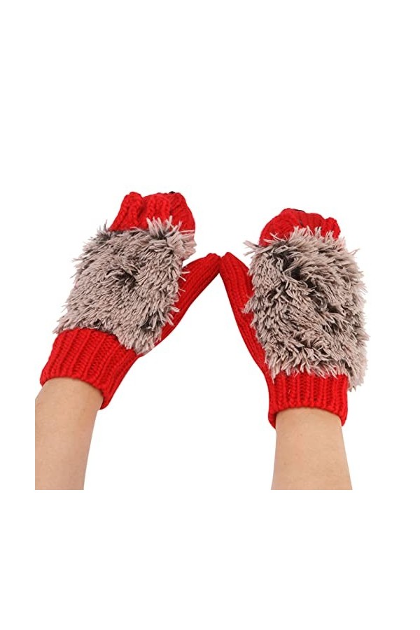 Gants dhiver chauds tricotés et épais avec tête de hérisson en velours JnY740, Rouge, taille unique
