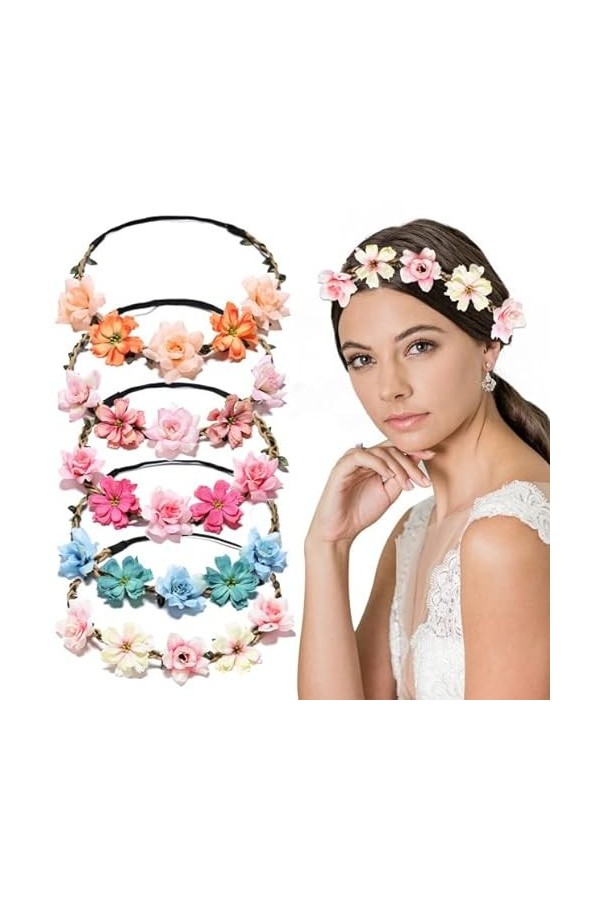 Lot de 5 Couronne de Fleurs Bandeau, VEGCOO Fleurs Headbands en Ruban Elastique Fleurs Pour Cheveux, Pour Photographie de Voy