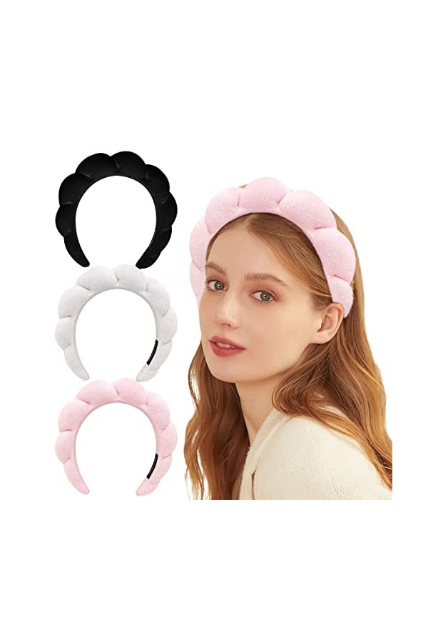 Serre Tete Femme,3 Pièces Headband,Serre Tete Maquillage,Bandeau Skincare Éponge pour Soin de La Peau,Lavage du Visage,Élimin
