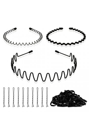 SOSPIRO 3 Pcs Bandeau en Métal pour Homme et Femme, Ondulé Cerceau de Cheveux de Printemps Bandeau Noir Antidérapant Sport Un