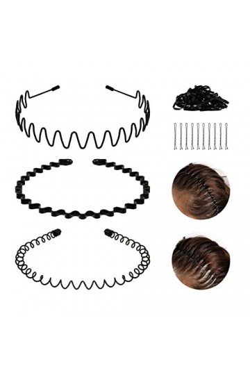 SOSPIRO 3 Pcs Bandeau en Métal pour Homme et Femme, Ondulé Cerceau de Cheveux de Printemps Bandeau Noir Antidérapant Sport Un
