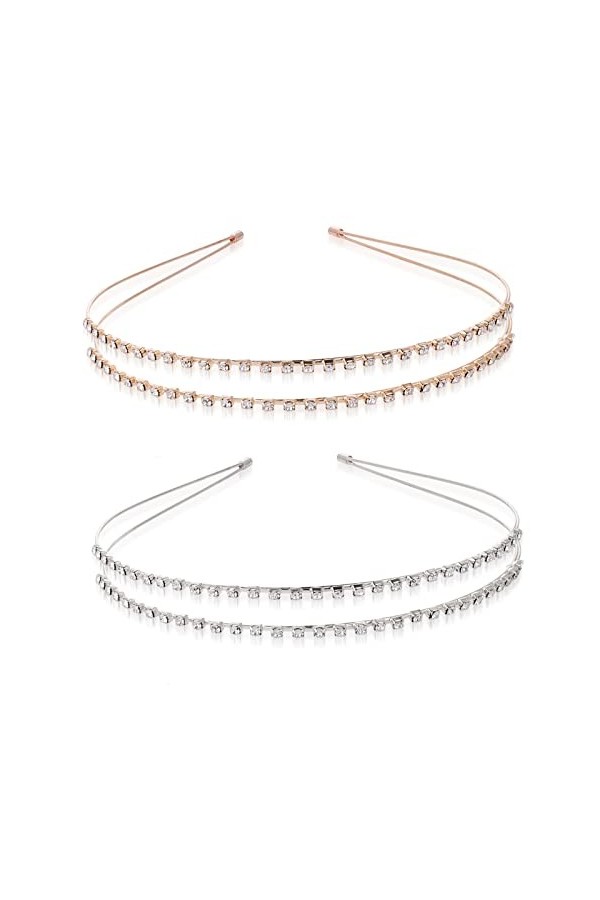 Sibba Lot de 2 bandeaux à cheveux double couche en métal avec strass brillants pour mariage de princesse doré + argent 