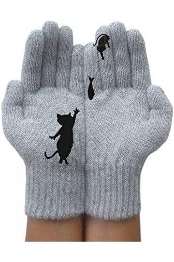Aeromdale Gants dhiver épais et chauds en tricot pour femme - Motif chat et poisson - En patchwork irrégulier - Gris