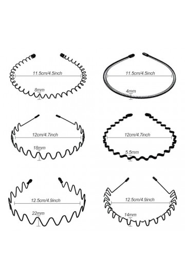 Hanyousheng 6 Pcs Serre Tete en Métal, Bandeaux Ondulés Élastique, Multi-style Noir Antidérapant Métal Cerceau de Serre Tete,