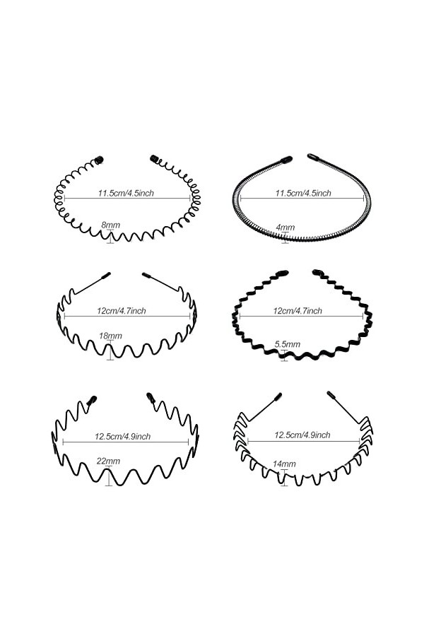 Hanyousheng 6 Pcs Serre Tete en Métal, Bandeaux Ondulés Élastique, Multi-style Noir Antidérapant Métal Cerceau de Serre Tete,