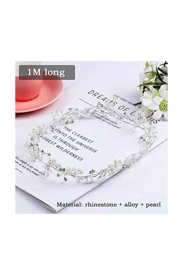 YANSHON 100cm Bijoux Cheveux Perles Cristal Serre Tête Guirlande Bandeau Headband Cheveux Mariage Strass Accessoires Cheveux 
