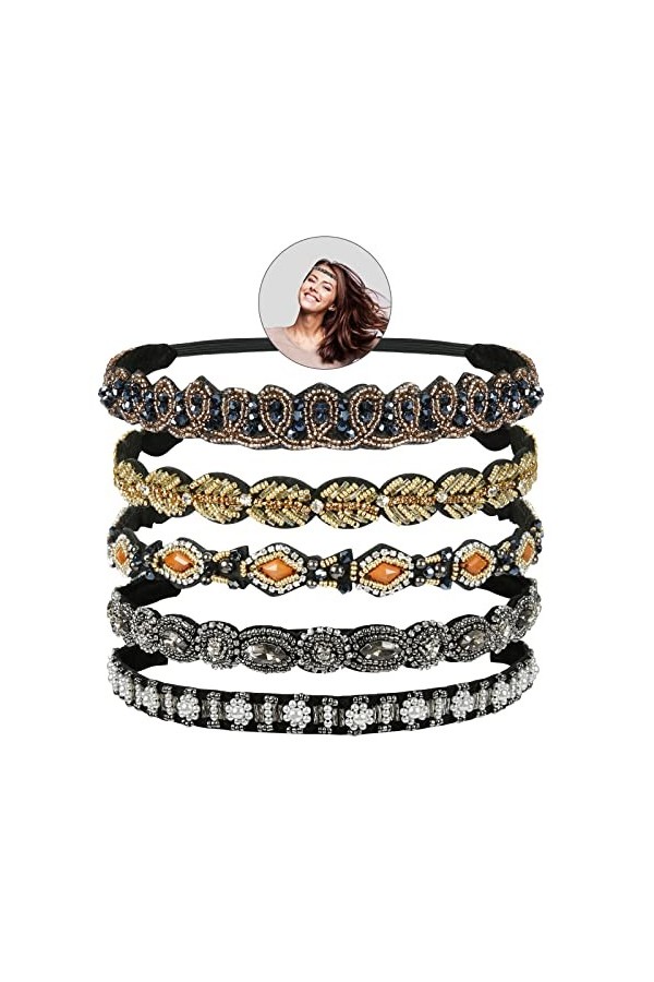 Bandeaux Élastiques, XiYee 5 Pièce Strass Bandeaux Élastiques Bohême Elastiques Bandeaux avec Cristal Strass Bijoux Bandes po
