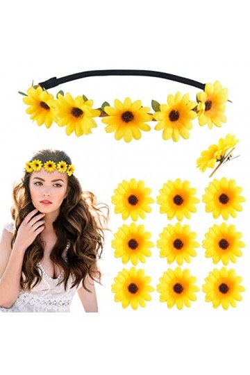 Bandeau Tournesol Fleur Artificiel Serre Tête Headband Marguerite et 10pcs Épingle à Cheveux Pinces Cheveux de Tournesol Acce