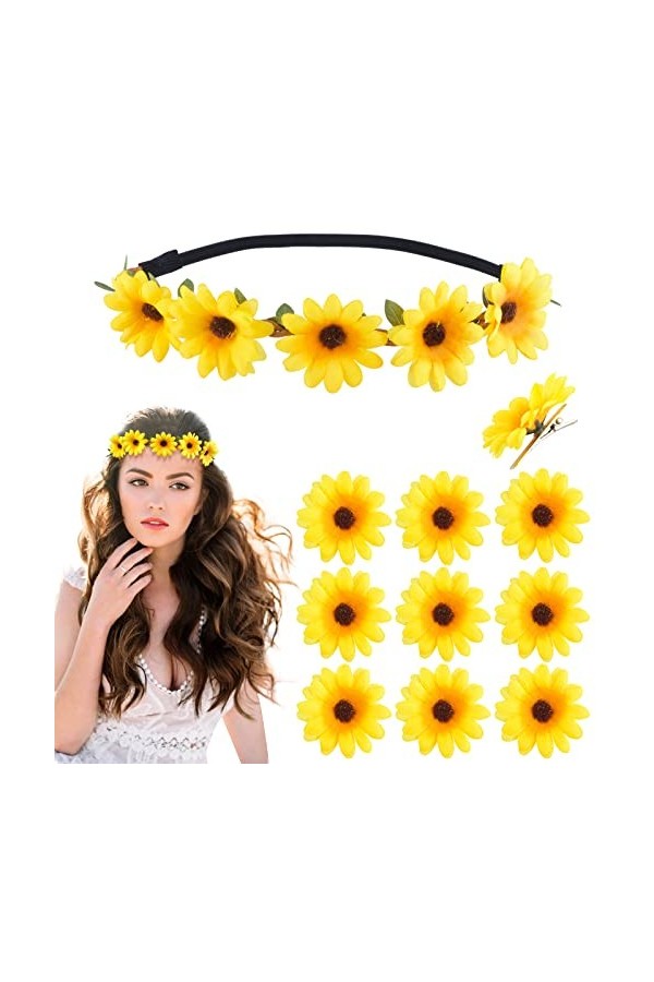 Bandeau Tournesol Fleur Artificiel Serre Tête Headband Marguerite et 10pcs Épingle à Cheveux Pinces Cheveux de Tournesol Acce