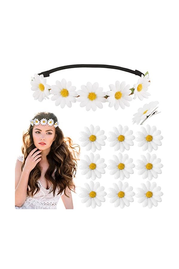 Bandeau Tournesol Fleur Artificiel Serre Tête Headband Marguerite et 10pcs Épingle à Cheveux Pinces Cheveux de Tournesol Acce