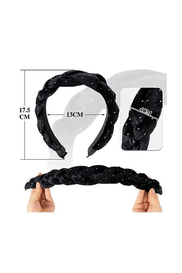4CM Bandeau Cheveux Serre Tête Tressé à Pois en Tissu Cheveux Large Femme Headband Large Épais Noir Accessoires de Coiffure p