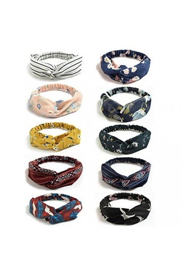 DRESHOW 10 PCS Femme Bandeau Cheveux Bandeaux, Headbands et Serre-têtes Vintage Imprimé Tête Enveloppe Cheveux Accessoire