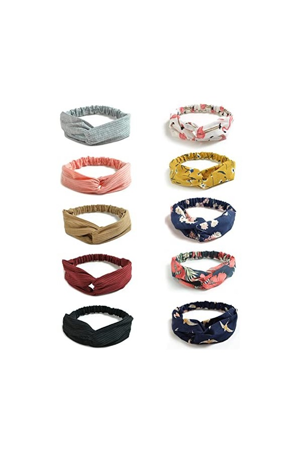DRESHOW 10 PCS Femme Bandeau Cheveux Bandeaux, Headbands et Serre-têtes Vintage Imprimé Tête Enveloppe Cheveux Accessoire
