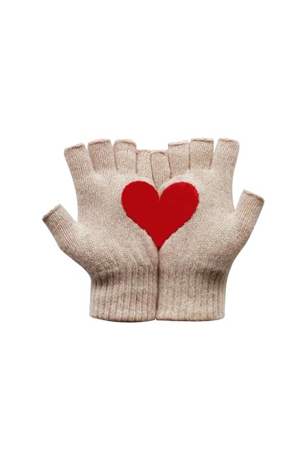 Gants en laine pour femmes automne et hiver extérieur chaud et froid épaissi amour imprimé demi-doigts gants yeQ611, beige, M
