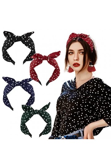 4pcs Serre Tête à Pois en Tissu Bandeau Nœud Cheveux Vintage Headband d’Oreille de Lapin Rouge Vert Noir Bleu Accessoires de 
