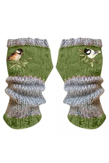 1 Paire Broderie Oiseaux Coton pour Les Femmes Paire De Mitaines en Tricot Bloc Splice Moufles Femmes Filles Vert