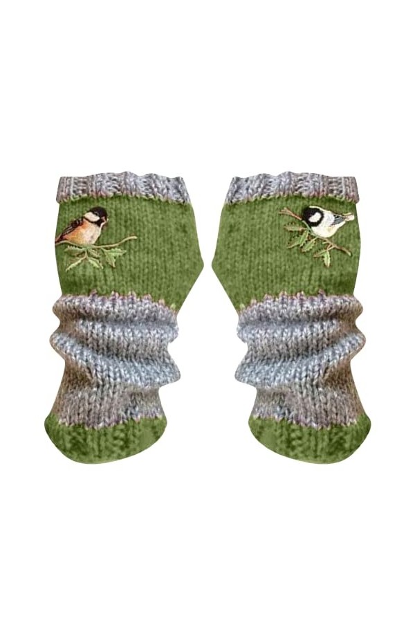 1 Paire Broderie Oiseaux Coton pour Les Femmes Paire De Mitaines en Tricot Bloc Splice Moufles Femmes Filles Vert