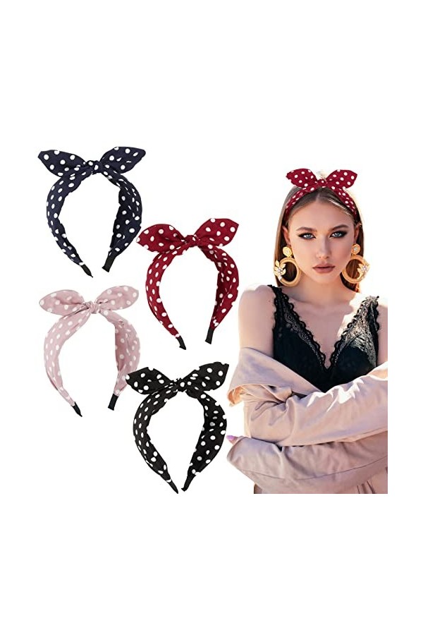 4pcs Serre Tête à Pois en Tissu Bandeau Nœud Cheveux Vintage Headband d’Oreille de Lapin Rouge Vert Noir Bleu Accessoires de 