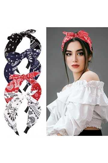 4pcs Serre Tête en Tissu Bandeau Nœud Cheveux Vintage Headband d’Oreille de Lapin Rouge Blanc Noir Bleu Accessoires de Coiffu
