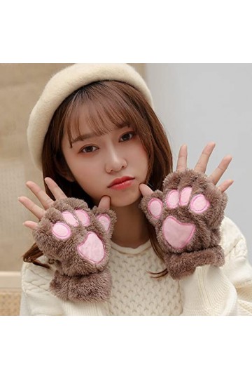 Liyinco Gants sans Doigts Mignons de Griffe de Chat de Dames, Gants sans Doigts en Peluche dextérieur dhiver, Gants Chauds 