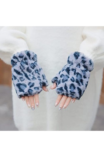 Liyinco Gants sans Doigts en Peluche à imprimé léopard pour Dames, Gants sans Doigts en Peluche Chauds pour lhiver, Gants De