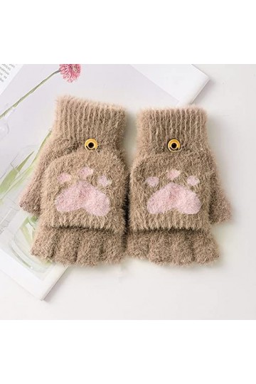 Liyinco Mesdames Dessin Animé Griffe De Chat Flip Gants sans Doigts, Gants sans Doigts en Peluche Chauds dhiver Mignons, Gan