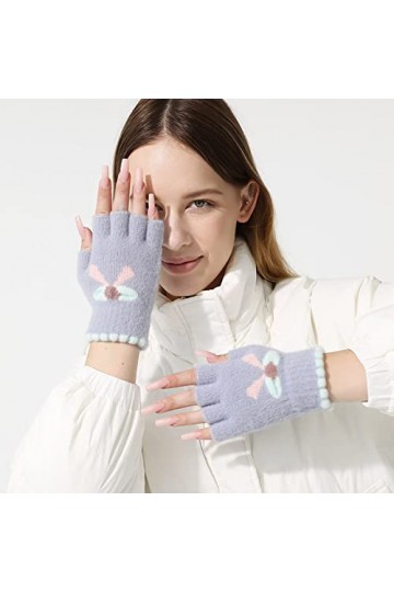 Liyinco Gants sans Doigts en Jacquard de Dessin animé Mignon pour Dames, Gants sans Doigts en Peluche Chauds pour lhiver, Ga