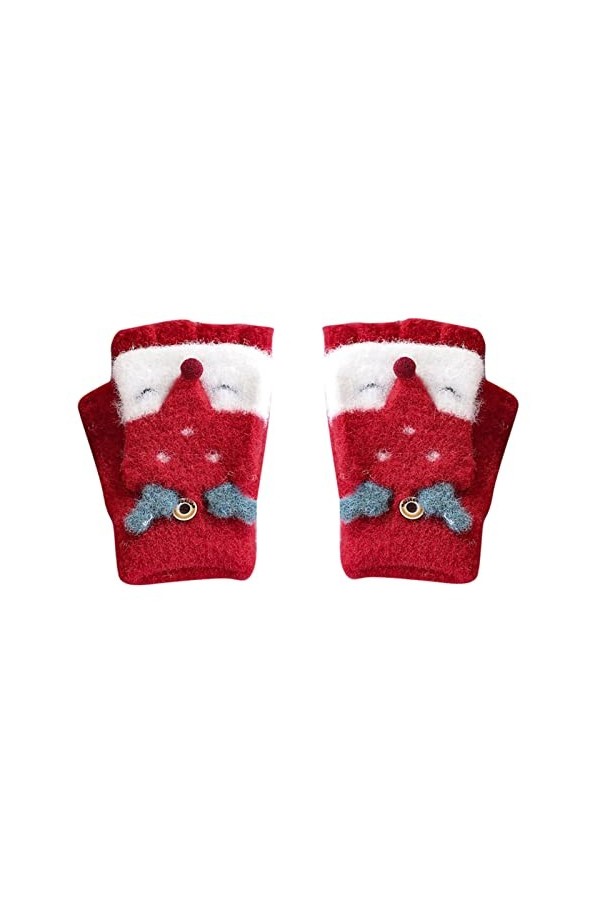 Moufles tricotées chaudes convertibles avec imprimé animal de dessin animé - Pour enfants - Pour lhiver - Pour femme - Rouge