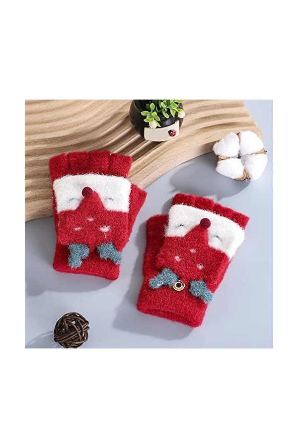 Moufles tricotées chaudes convertibles avec imprimé animal de dessin animé - Pour enfants - Pour lhiver - Pour femme - Rouge