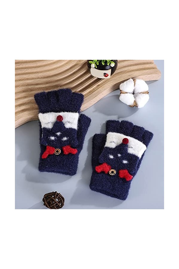 Moufles tricotées chaudes et convertibles avec imprimé animal de dessin animé - Pour enfants - Pour lhiver - Pour femme ble