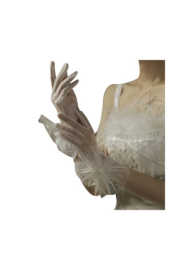 iSpchen Gants De Mariée, Gants Courts En Dentelle Pour Femmes,Gants En Tulle Fleurs Et Perles,Gants De Mariage Dété Guide Pr