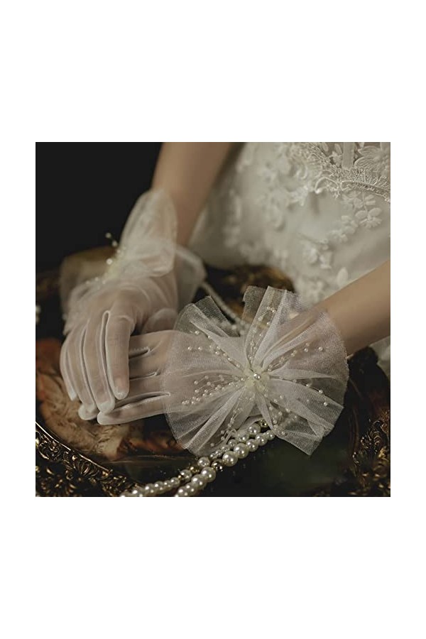 iSpchen Gants De Mariée, Gants Courts En Dentelle Pour Femmes,Gants En Tulle Fleurs Et Perles,Gants De Mariage Dété Guide Pr