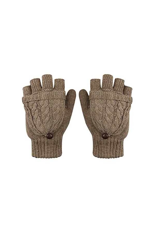 Gants Mode Femme Fille Mitaine Hiver Automne Dames en Laine Moufles Demi-Doigt Tricoté Tordu Clamshell Double Gants Chauds Ep