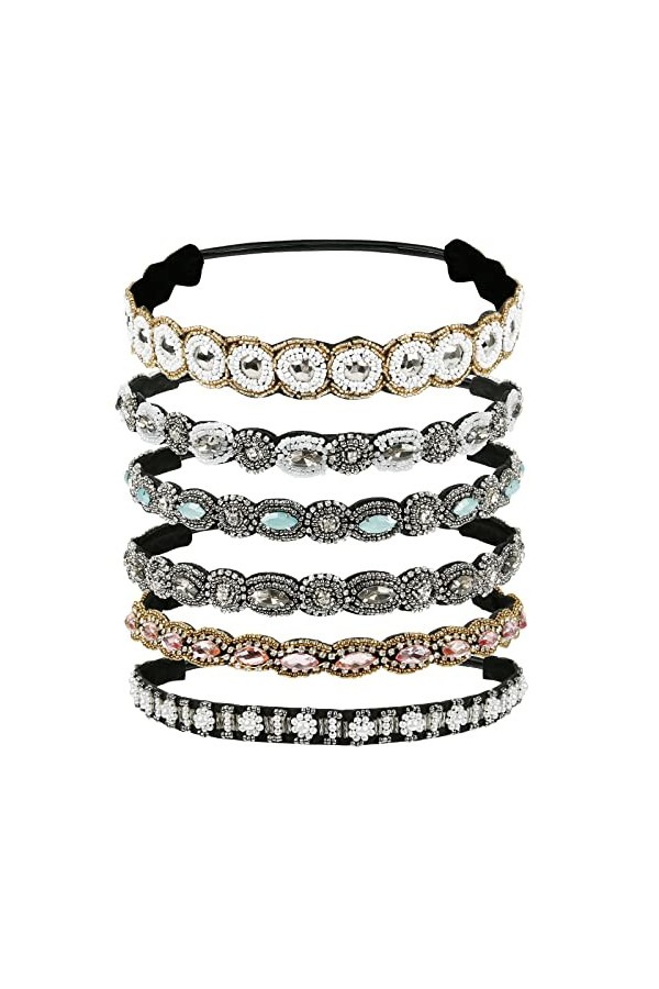 Weinsamkeit 6 Pièce Strass Bandeaux Élastiques, Bohême Elastiques Bandeaux avec Cristal Strass Bijoux Bandes pour Femmes Chev