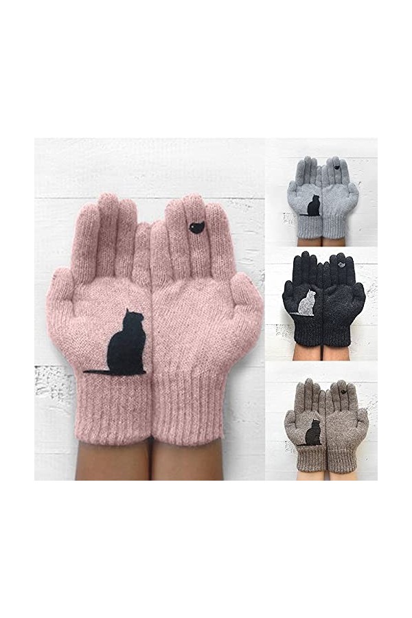 TJOIUY Gants dhiver Gants dhiver pour Hommes Femmes Adolescents Mignon Chat et Oiseau imprimé Thermique Gants tricotés Coup